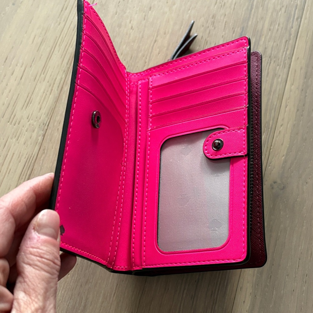 Kate Spade Burgundy Wallet with Pink Heart Stripes - Picture 3 of 5
